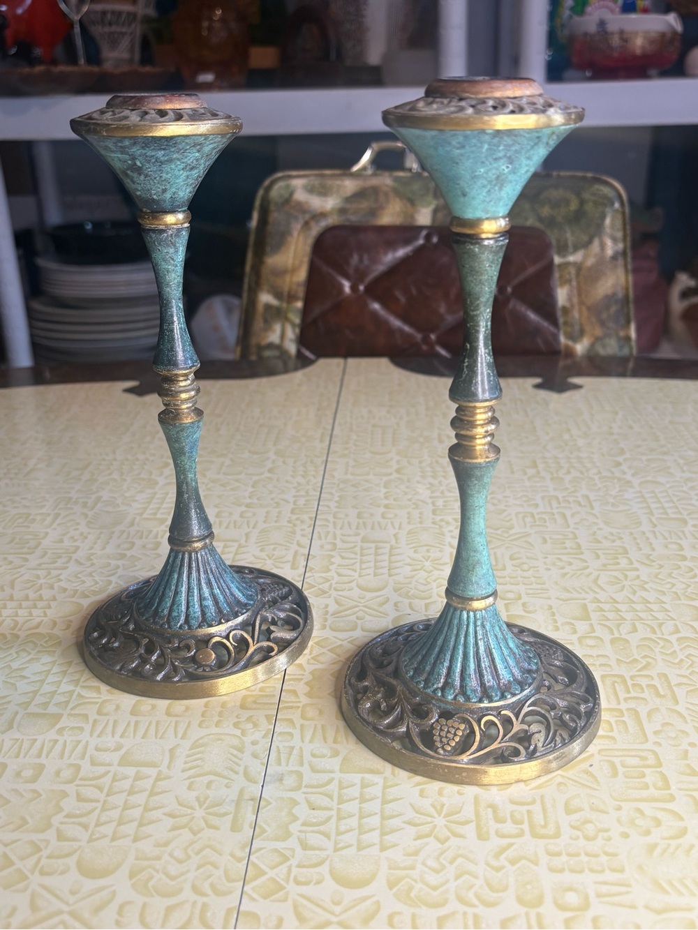Verdigris Patina Decorative Candlestick Pair with Gold Accents